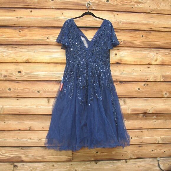 Mac Duggal 10806 Womens EMBELLISHED FLUTTER SLEEVE TEA-LENGTH DRESS - Picture 11 of 15